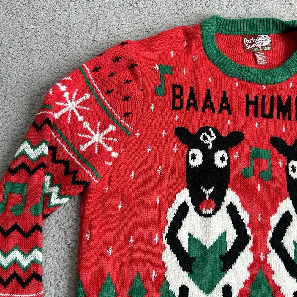 Christmas Party Sweater Sheep Baaa Bah Humbug Ugly Red Sweater Size XL Dec. 25th - Picture 3 of 12